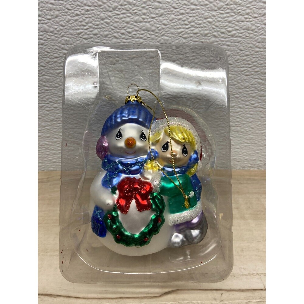 2006 Precious Moments Girl With Snowman Blown Glass Christmas Ornament